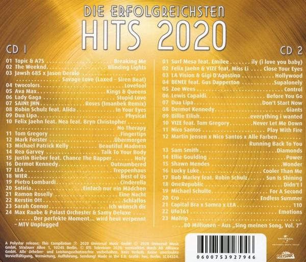 CD-Cover mit dem Titel "Die erfolgreichsten Hits 2020", das Lieder und Künstler auflistet.