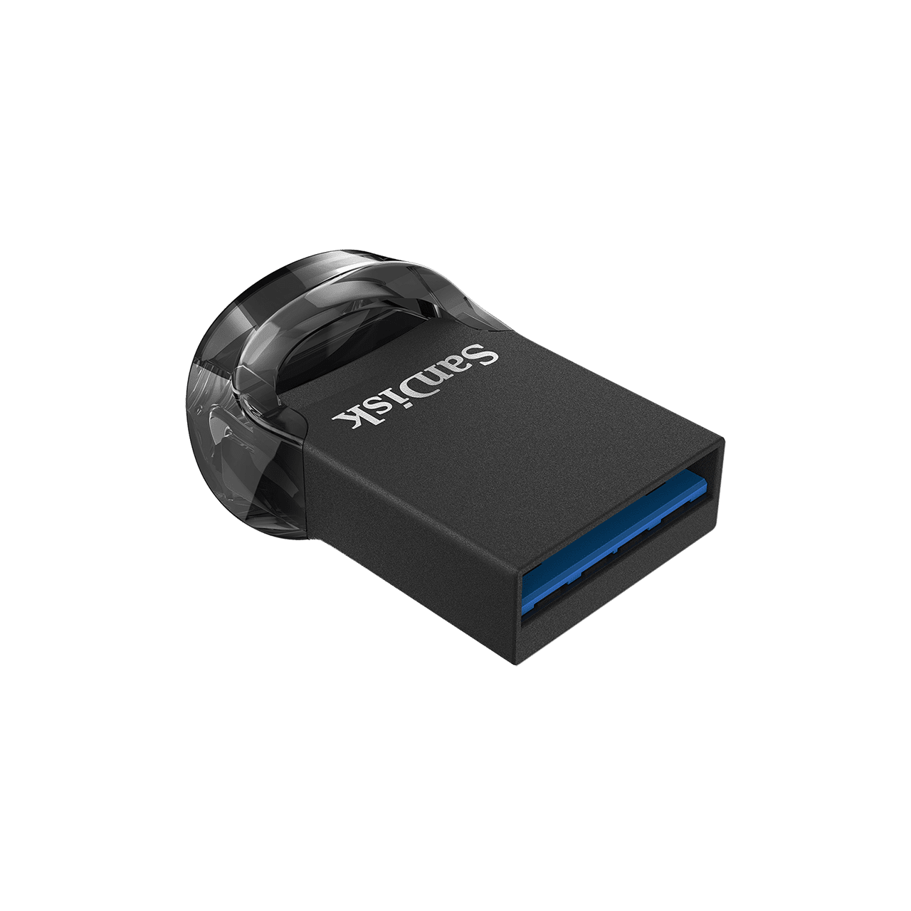 Siyah bir USB sürücü, şeffaf plastik bir halkayla, siyah bir arka plana karşı.