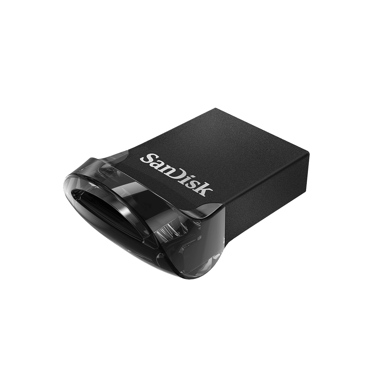 Siyah SanDisk USB sürücü, açılı, siyah zemin üzerinde. SanDisk logosu görünür.