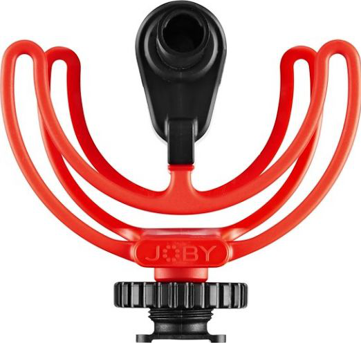 Support de microphone rouge avec connexion noire. Il a une étiquette Joby.