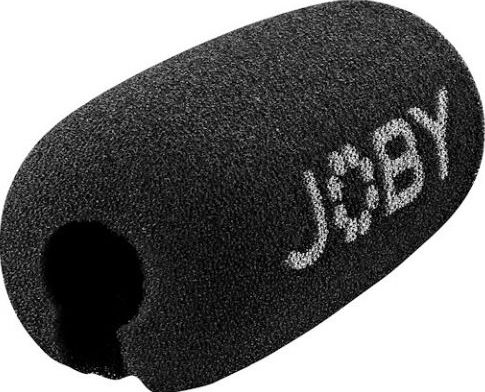 Cache-micro en mousse noire avec le mot JOBY en blanc. Forme ovale.