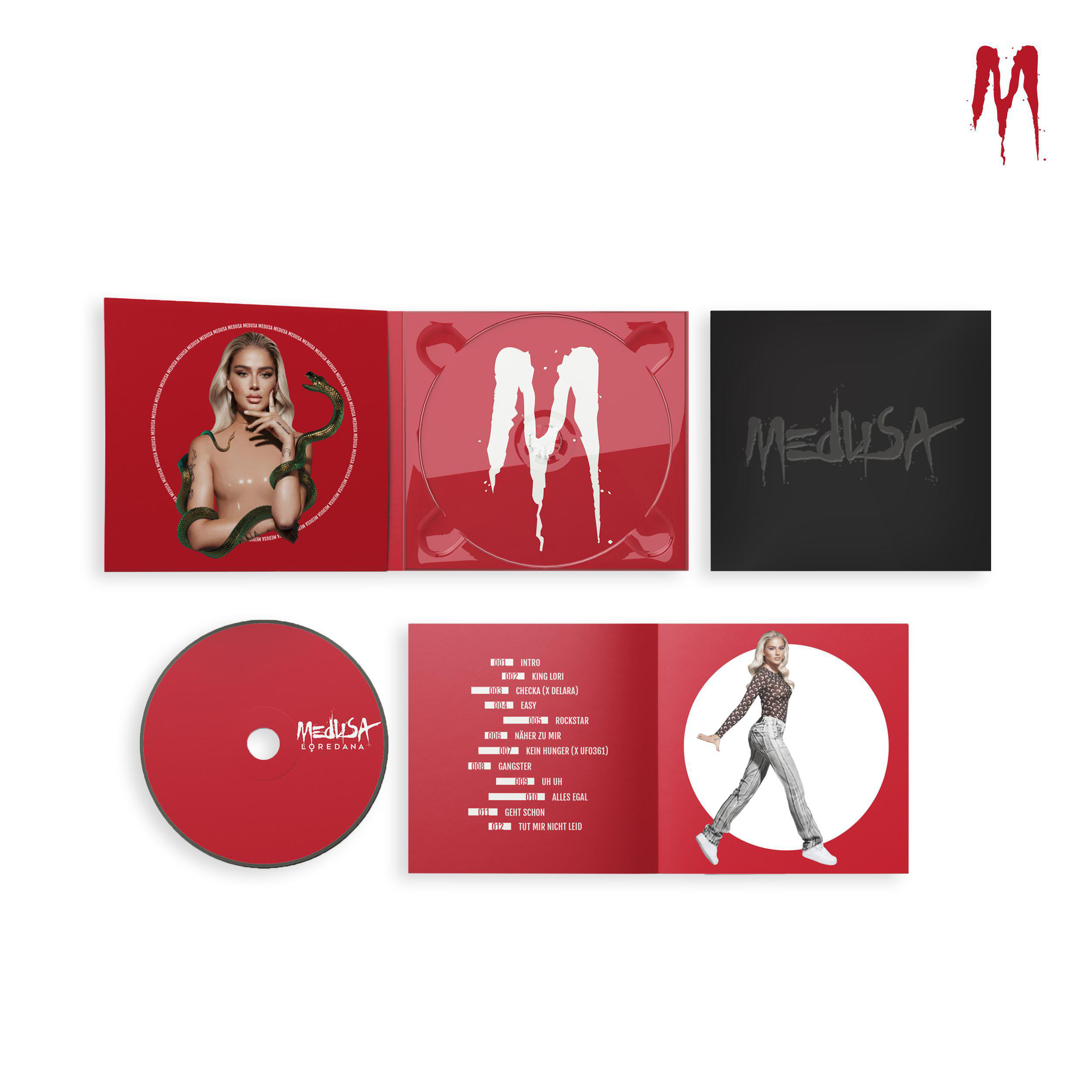 CD-Album mit rotem Cover und Medusa-Titel. Das Album-Cover zeigt eine Frau mit Schlangen.
