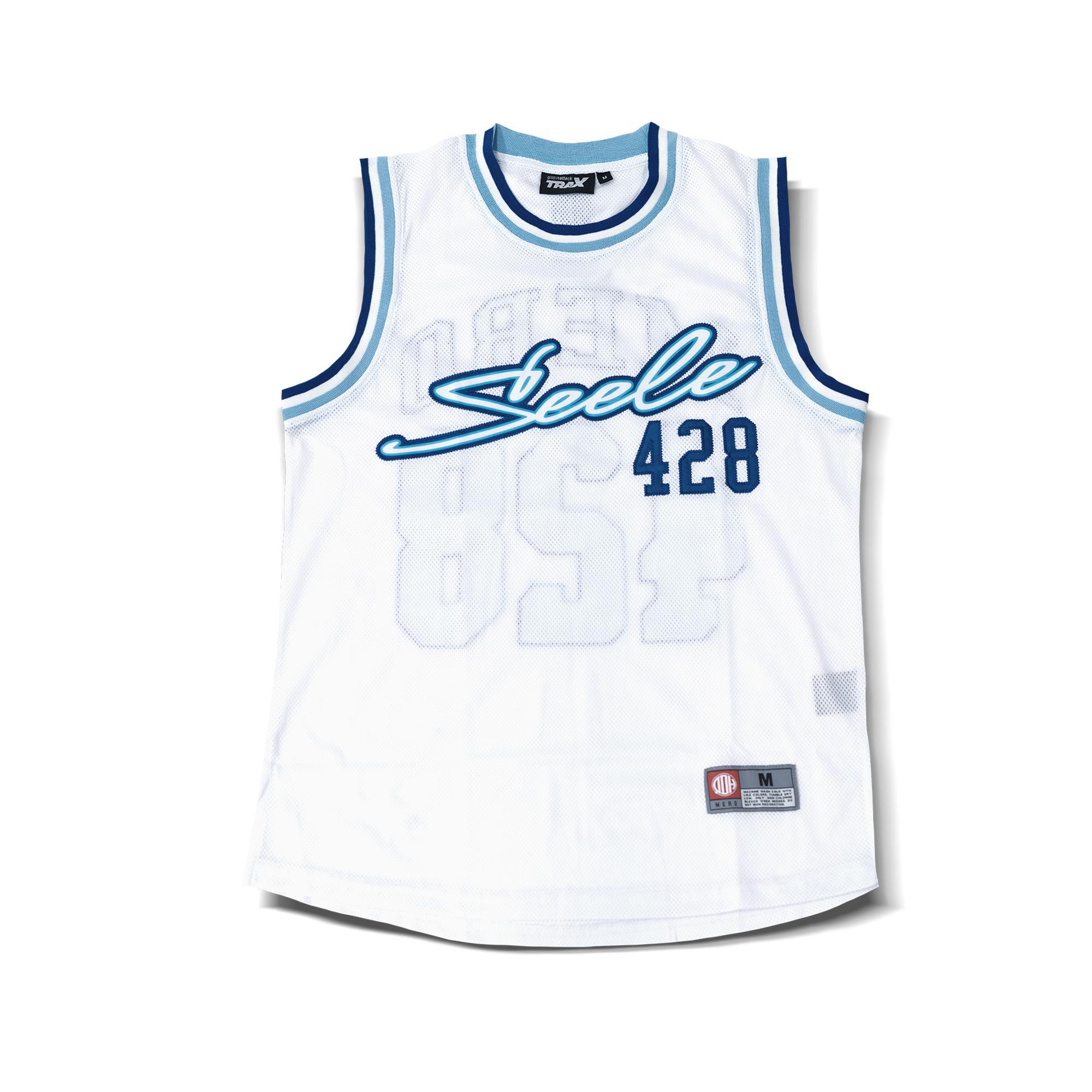 Weißes Basketballtrikot mit blauen Akzenten. Auf der Vorderseite steht 'Seele 428'.