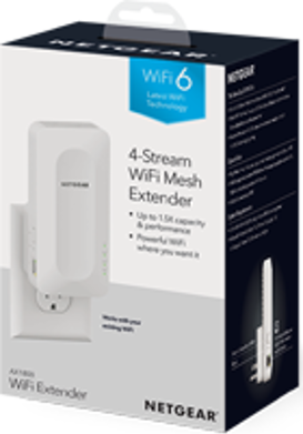 Extender WiFi 6 Netgear blanc en boîte, branché sur une prise murale.