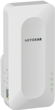 Répéteur WiFi Netgear blanc, prise de courant sur le côté.