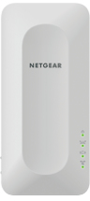Appareil NETGEAR blanc avec trois voyants verts. Sur fond blanc.