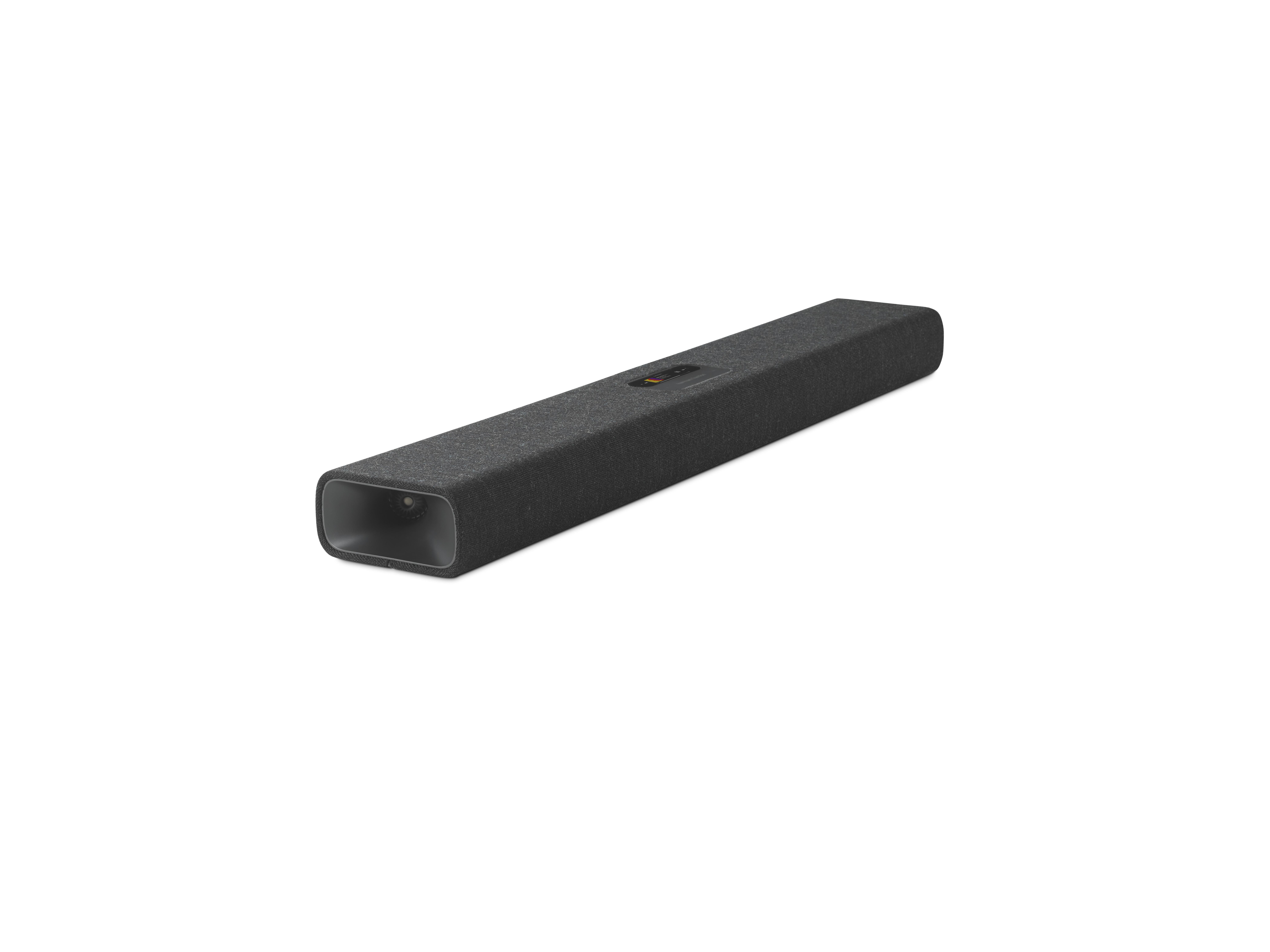 Dunkelgraue Soundbar auf weißer Oberfläche. Sie hat eine rechteckige Form und einen Lautsprecher.