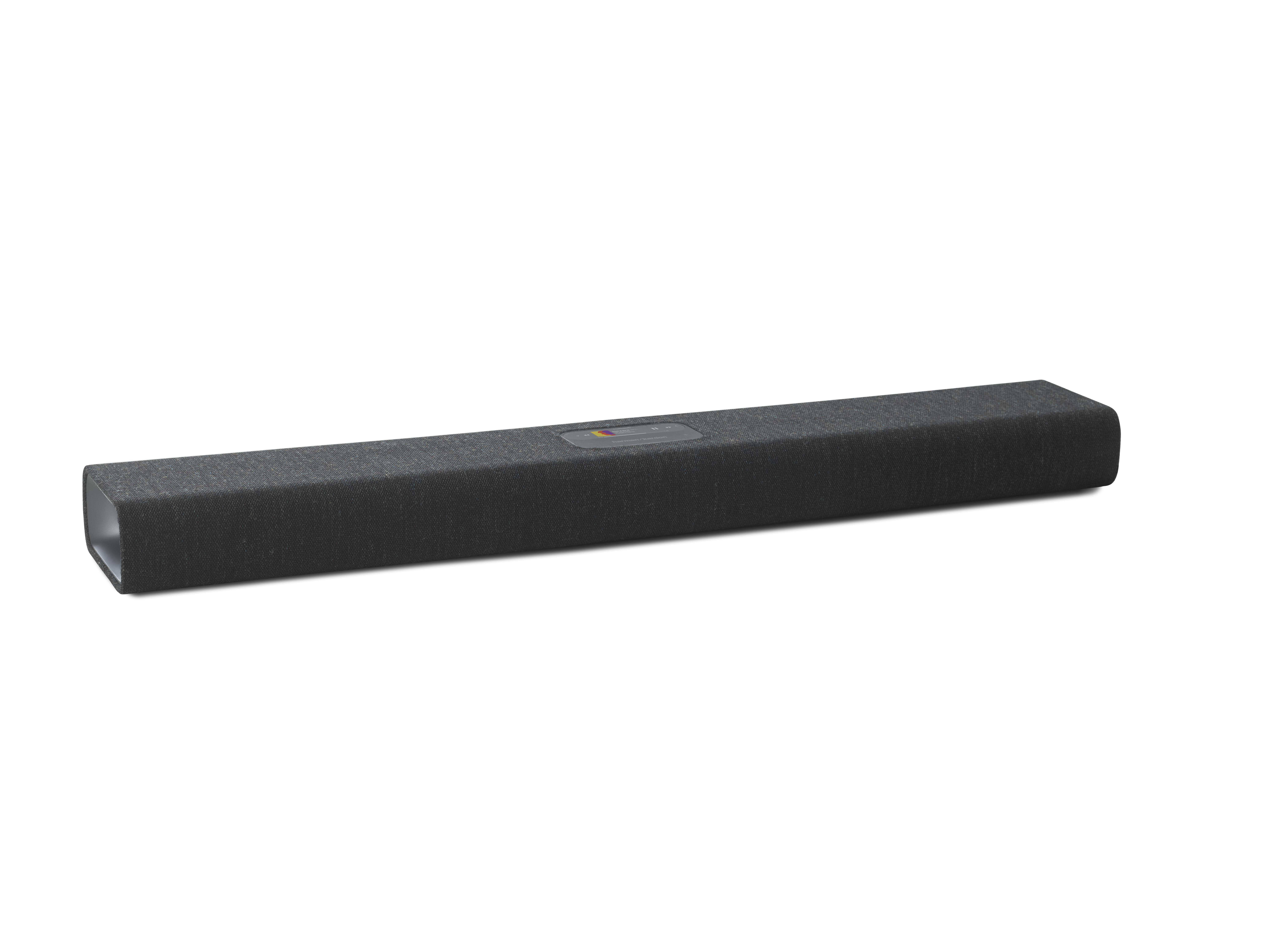 Schwarze Soundbar auf weißem Hintergrund. Sie hat eine lange, rechteckige Form.