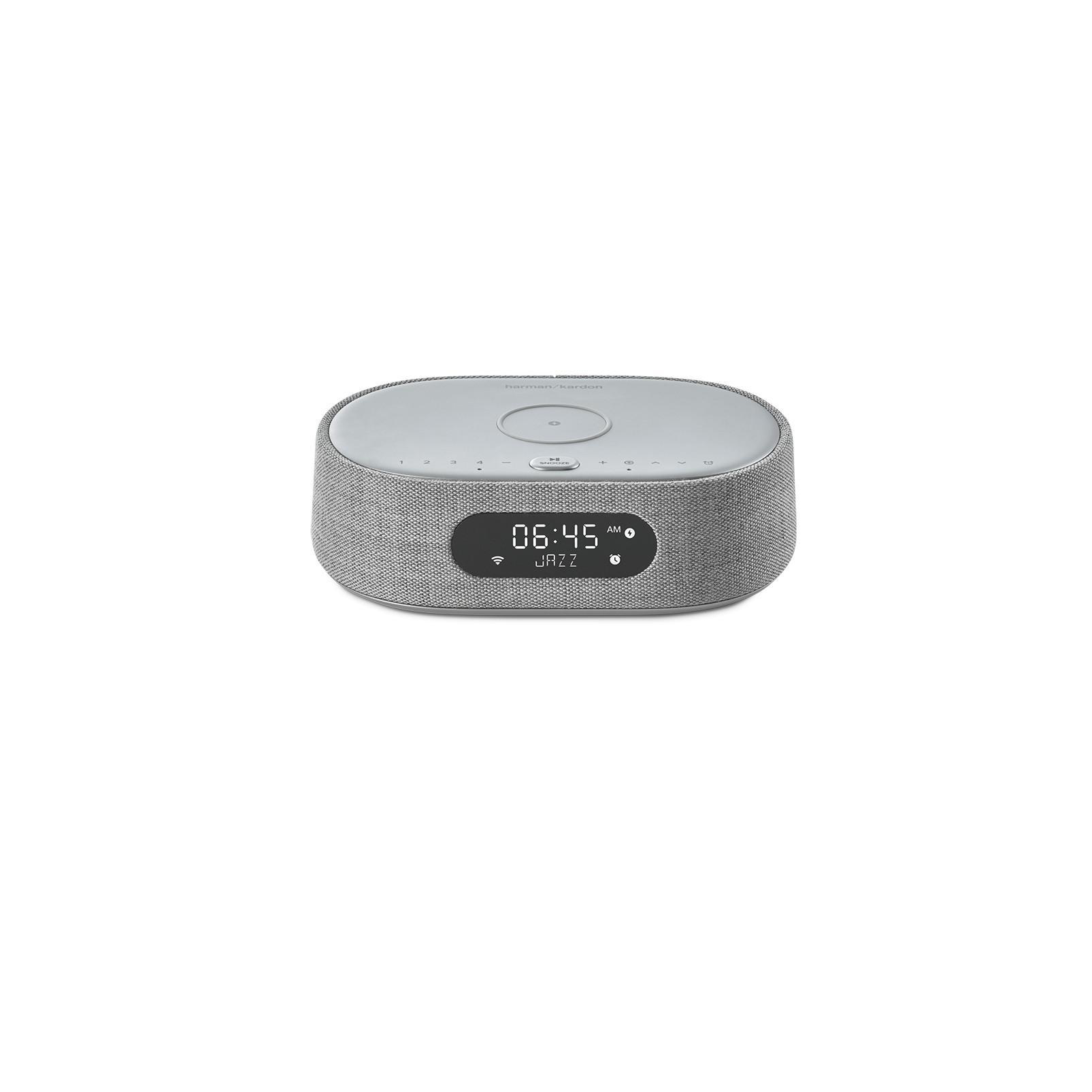 Grauer Lautsprecher mit Digitaluhr, die 06:45 und das Wort JAZZ anzeigt.
