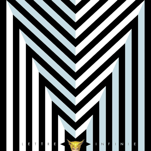 Zwart-witte geometrische "M"-vorm. Daaronder tekst "Lettre Infinie" en een gouden gezicht.