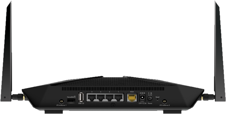 Schwarzer Router mit Antennen. Es hat mehrere Anschlüsse für verschiedene Verbindungen. Die Rückseite ist sichtbar.