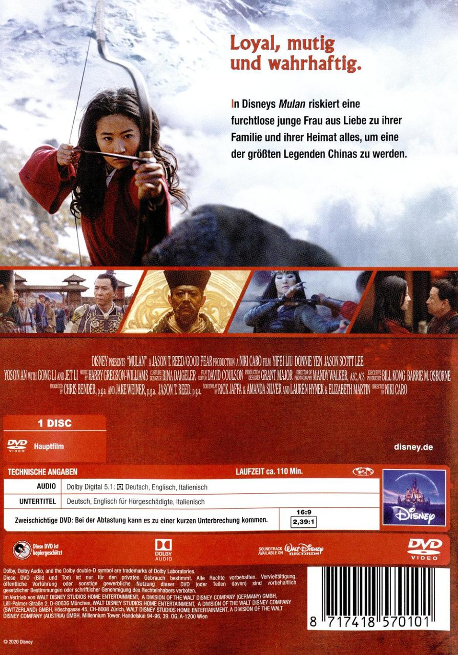 DVD-Hülle des Films Mulan mit einer Frau, die einen Bogen und Pfeil zielt.