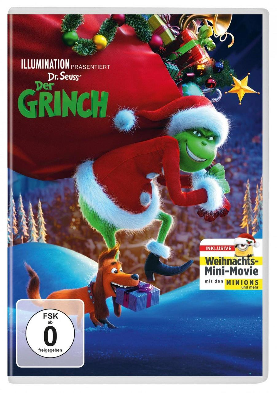 DVD-Cover von Der Grinch mit Hund Max im Schnee und großem roten Geschenksack.
