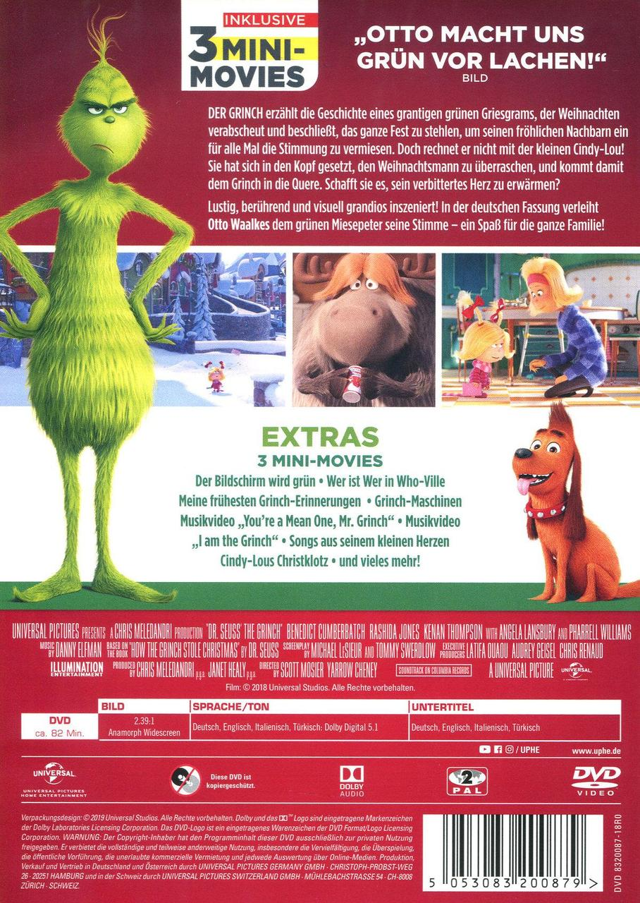 DVD-Rückseite des Animationsfilms Der Grinch mit Figuren, Beschreibung und Extras-Liste.