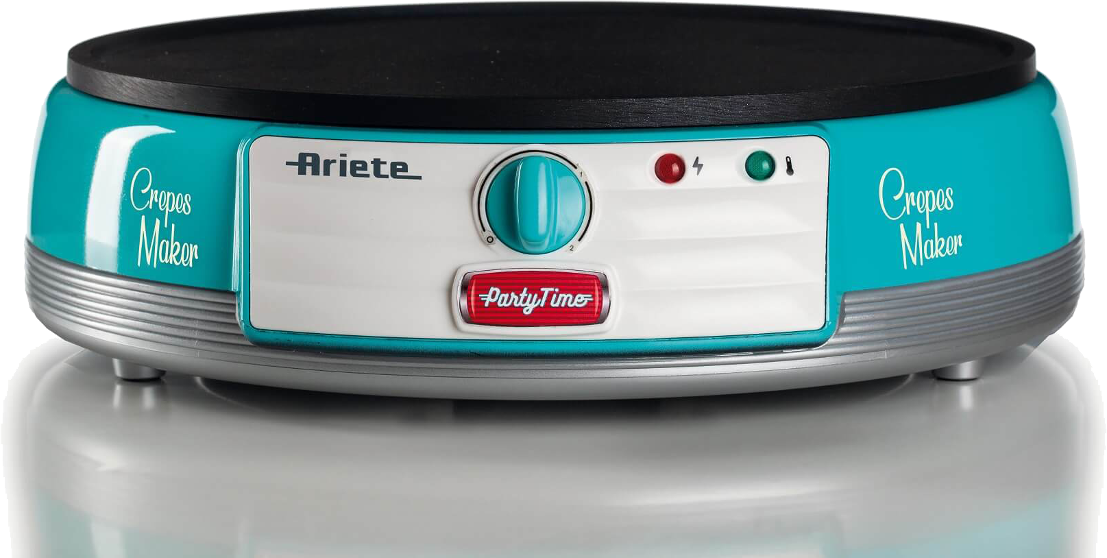 Palacsintasütő türkiz testtel és fekete sütőfelülettel. Rajta az 'Ariete' szó.