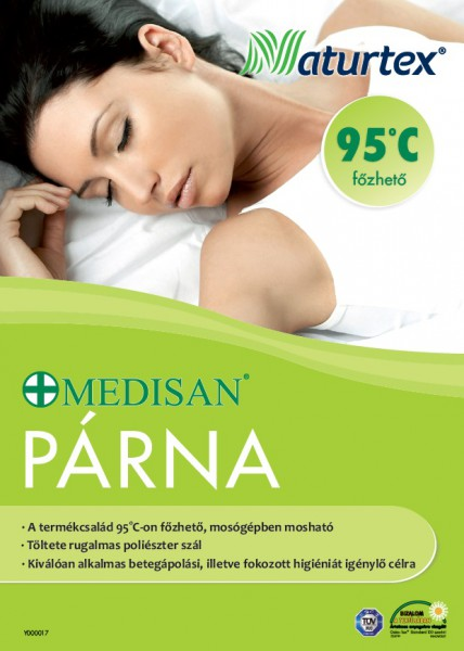 Nő alszik párnán, 'MEDISAN PÁRNA' és 'Naturtex' plakáttal.