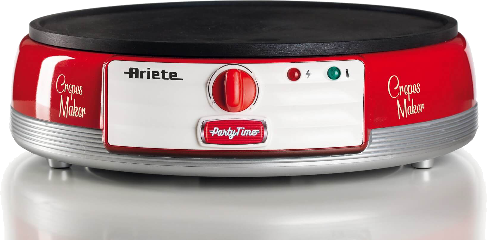 Piros-fehér palacsintasütő fekete sütőfelülettel és 'Ariete' felirattal.