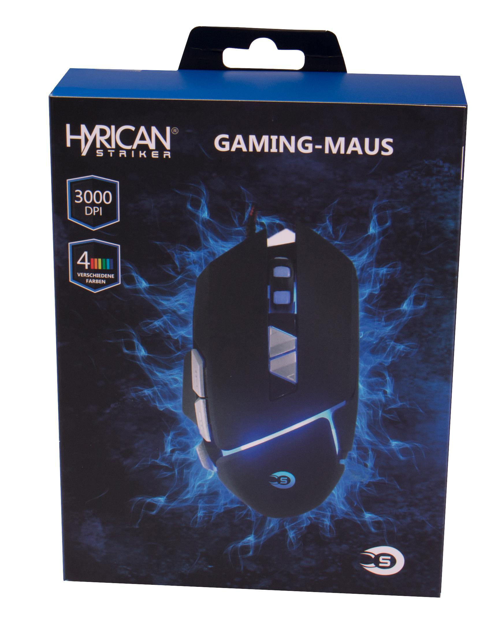 Gaming-Maus-Box. Schwarze Maus mit blauen Lichtern. Produktname und Spezifikationen werden angezeigt.