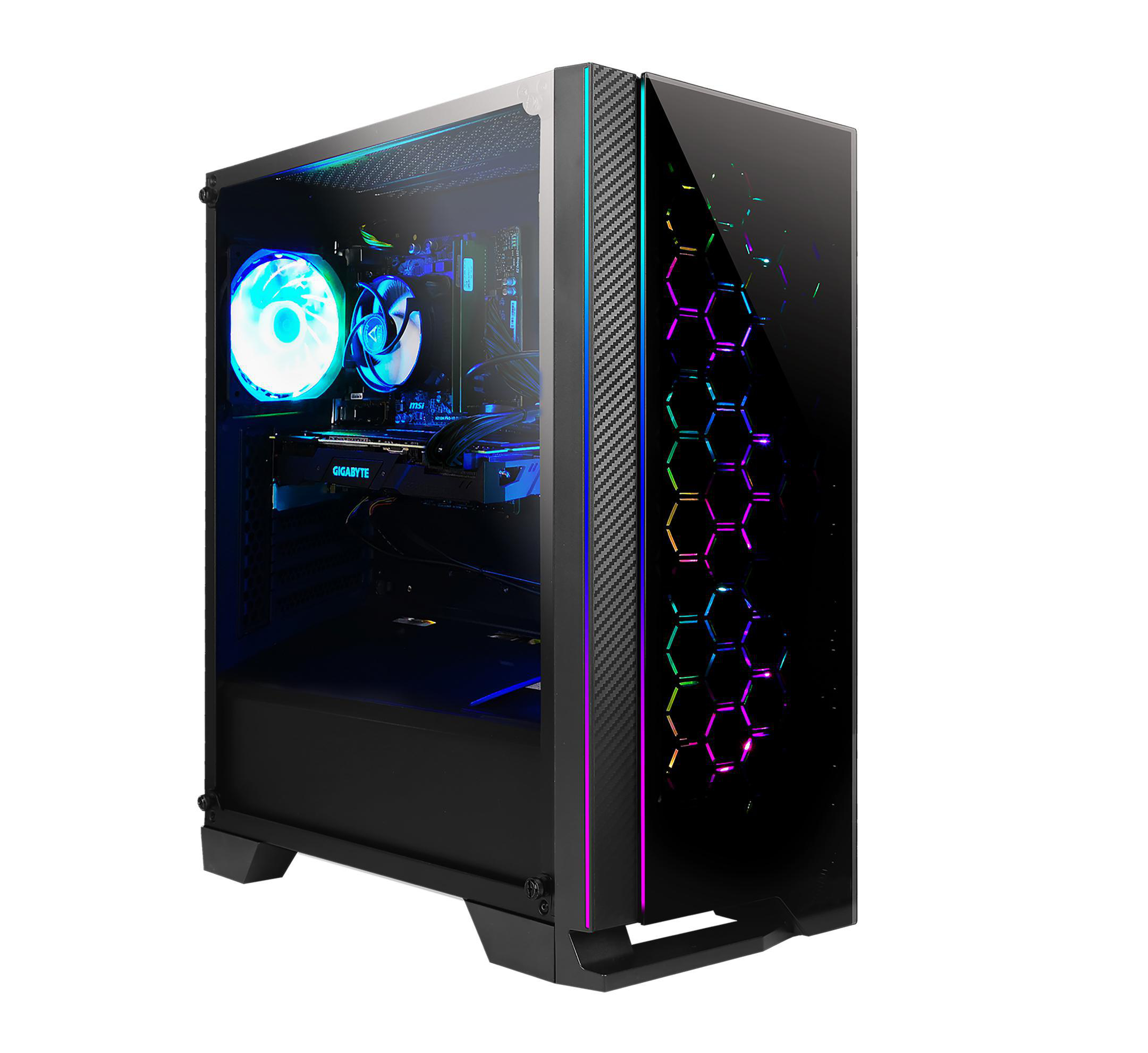 Schwarzes PC-Gehäuse mit Glasseite. Im Inneren befinden sich Lüfter mit blauen und grünen Lichtern.