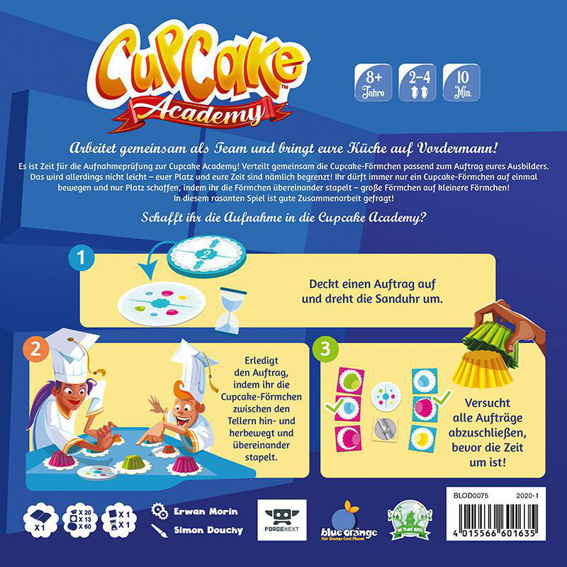 Cupcake Academy Brettspielbox mit Text und Spielkomponenten.