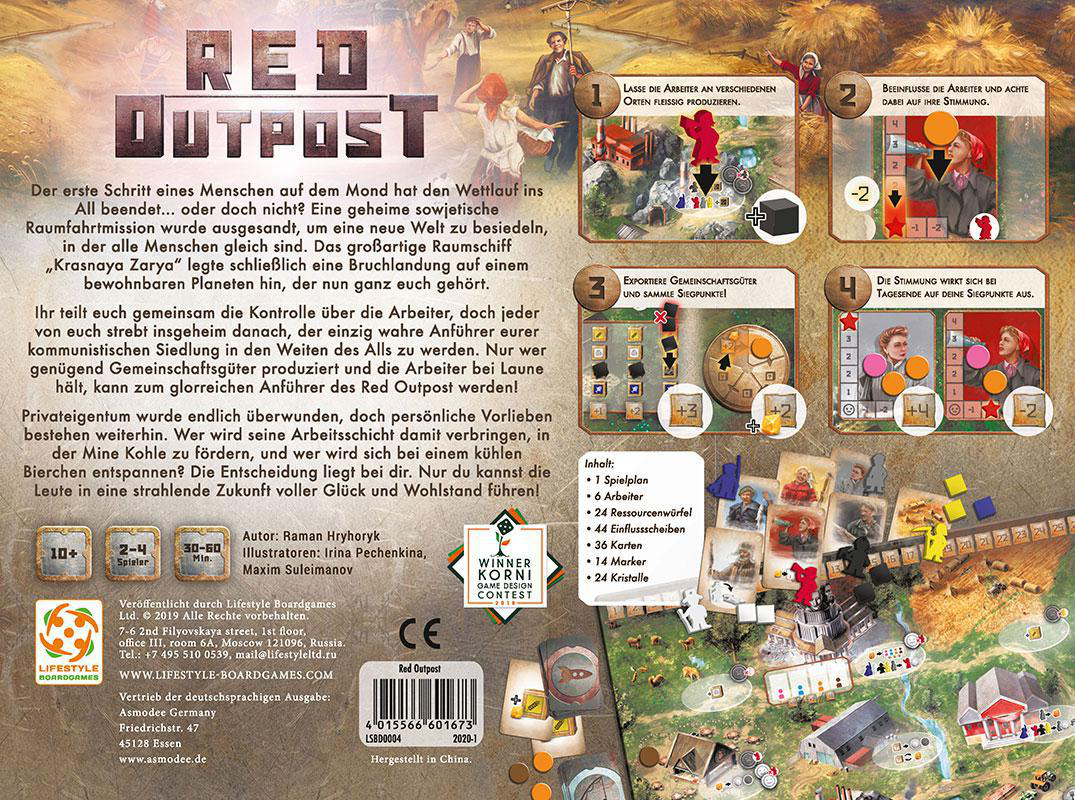 Brettspielbox mit Text, Bildern und Spielkomponenten, auf weißem Hintergrund.