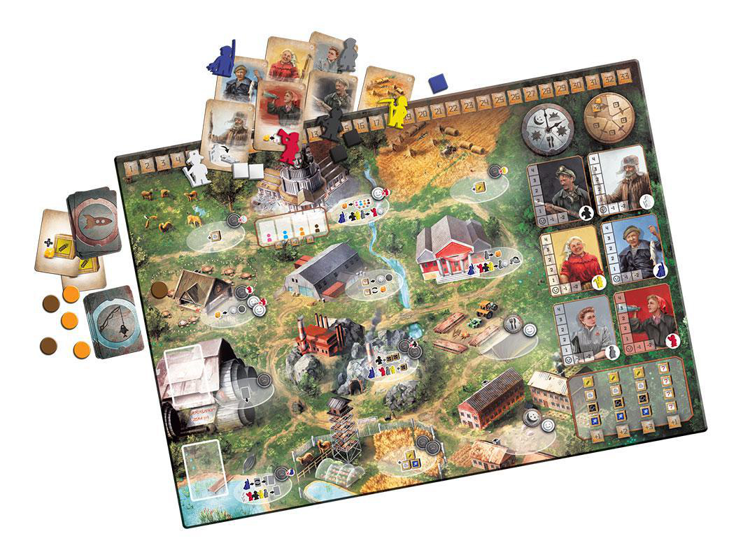 Ein Brettspiel mit Spielsteinen und Karten auf einem Tisch.