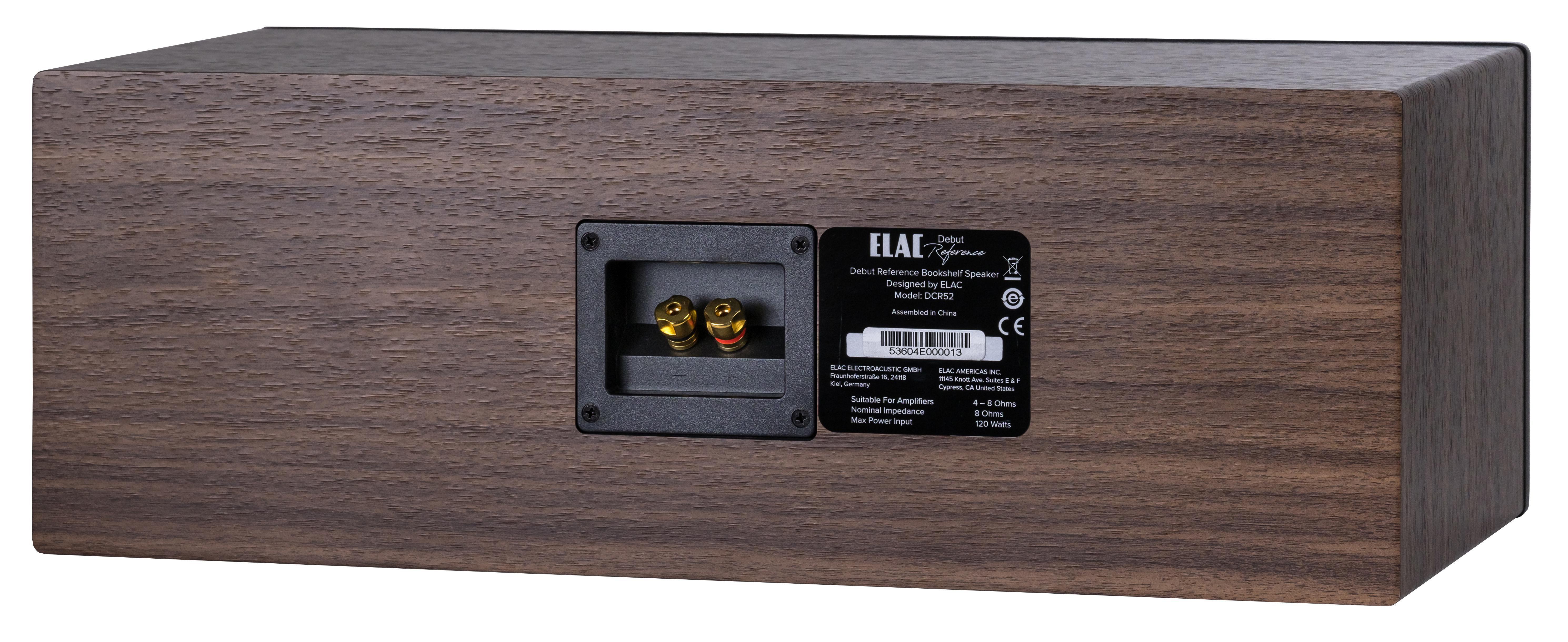 Rückseite eines Holzlautsprechers. Er hat Anschlüsse, Produktinfos und das ELAC-Logo.