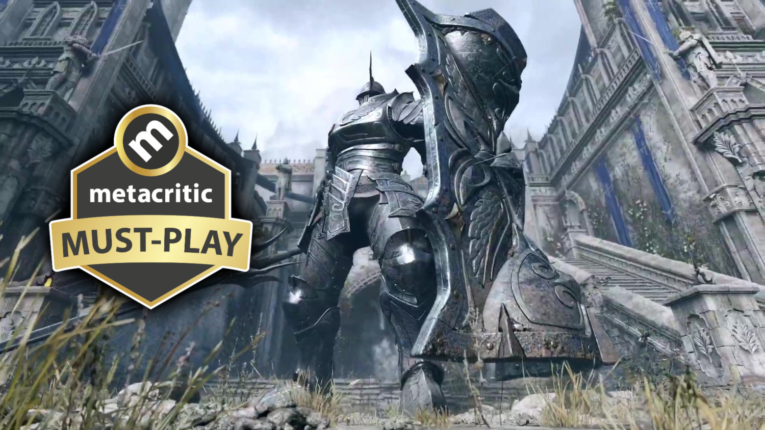 Een ridder in harnas houdt een schild vast, voor een middeleeuws kasteel. 'Metacritic Must-Play' badge zichtbaar.