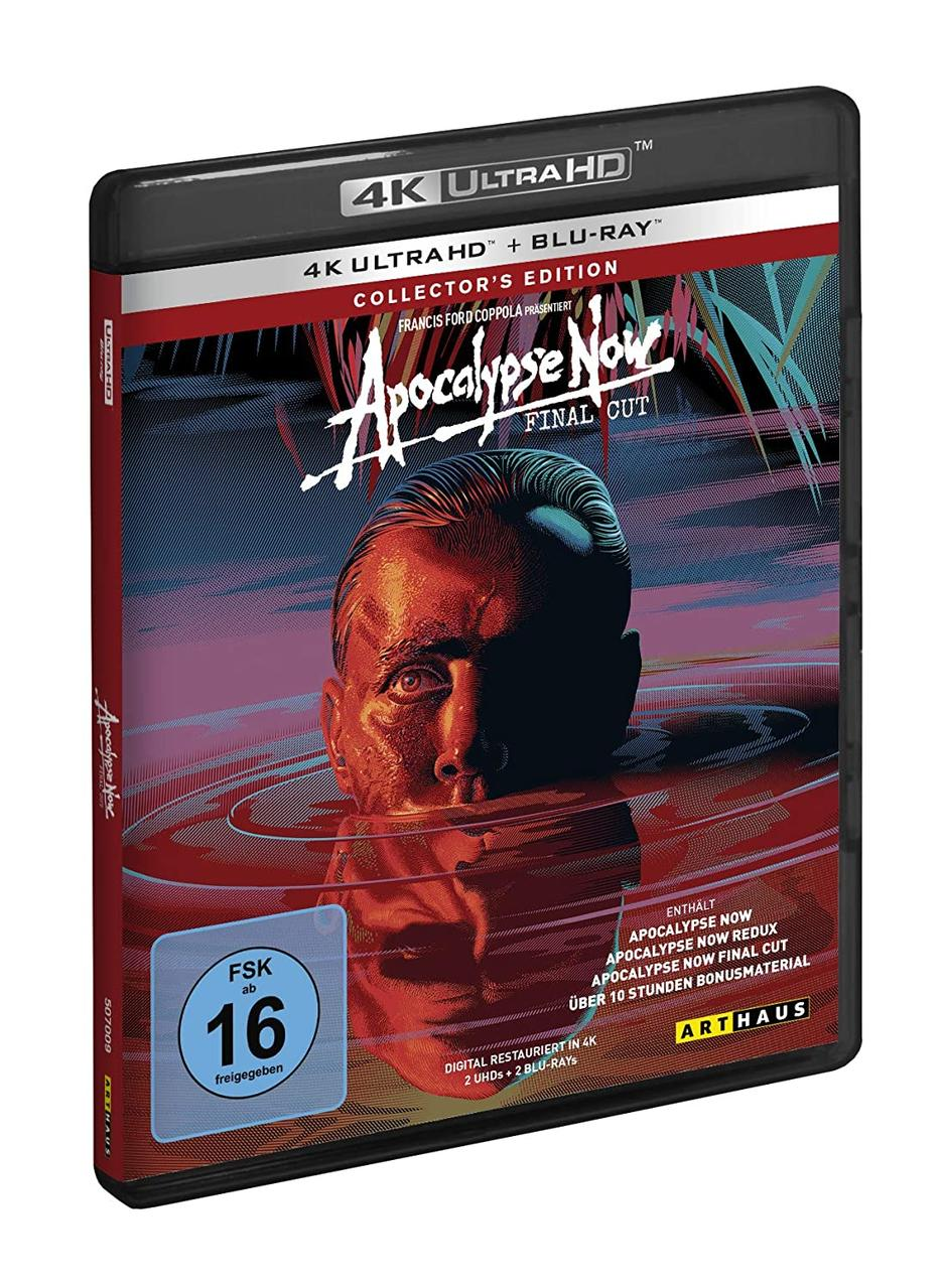 Apocalypse Now 4K Ultra HD Blu-ray-Hülle mit einem im roten Wasser teilweise versunkenen Männergesicht.