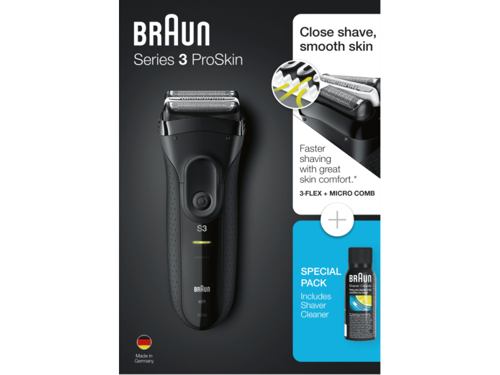 Afeitadora - Braun 3020 Serie 3, Eléctrica para barba, Autonomía 45', Indicador LED, Negro + Loción limpiadora