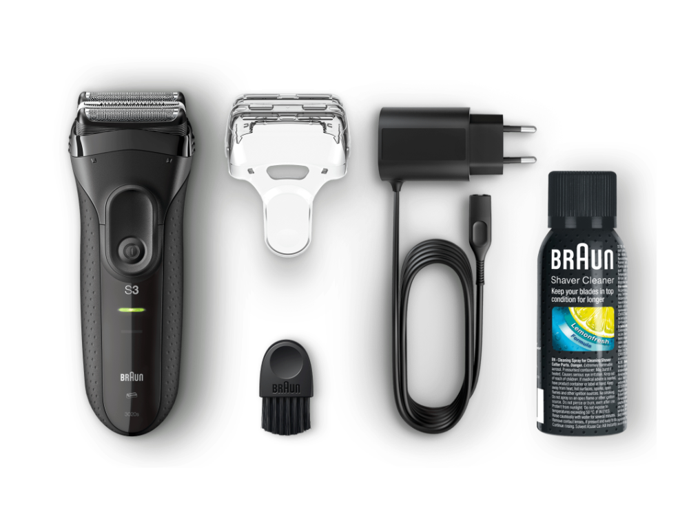 Afeitadora - Braun 3020 Serie 3, Eléctrica para barba, Autonomía 45', Indicador LED, Negro + Loción limpiadora