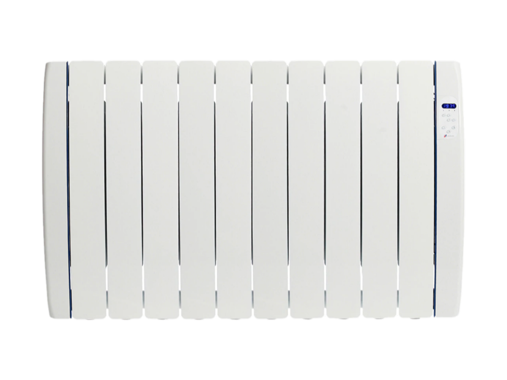 Radiador eléctrico blanco con pantalla y botones, visto horizontalmente.
