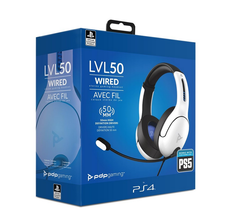 Caja de auriculares gaming blanca y negra con texto y gráficos.