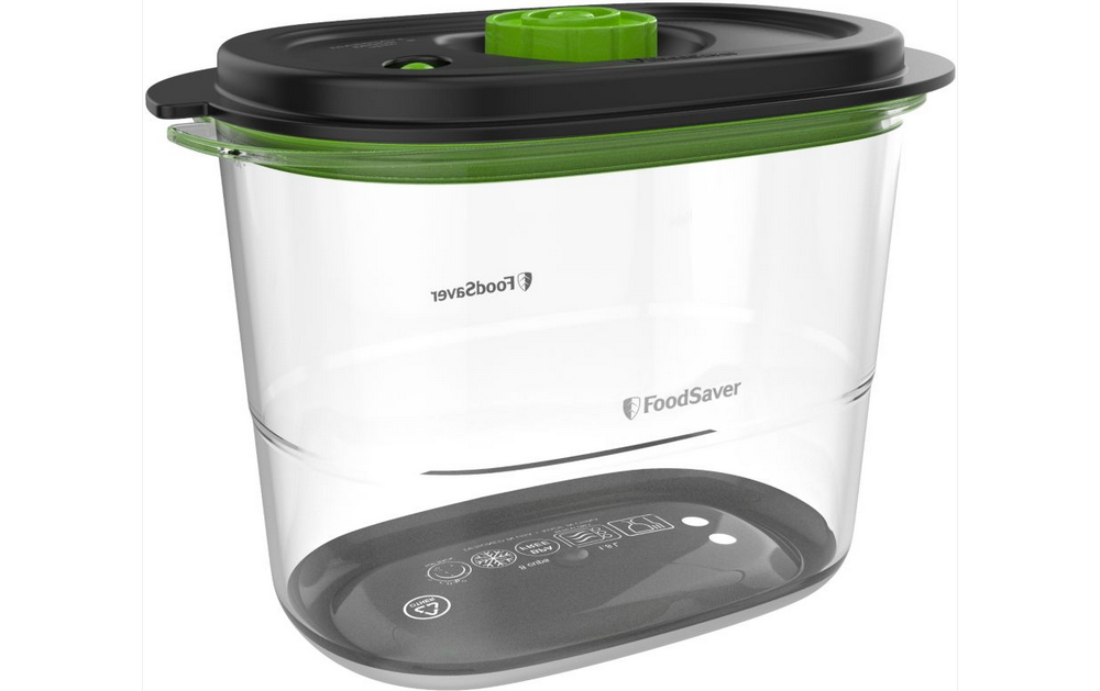 Contenedor FoodSaver transparente con tapa negra y verde, y válvula verde.