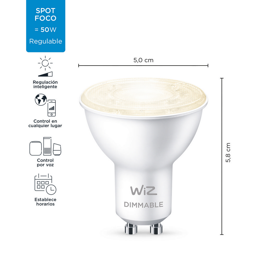 Una bombilla blanca regulable con diseño de foco. Está etiquetada Wiz, con dimensiones.