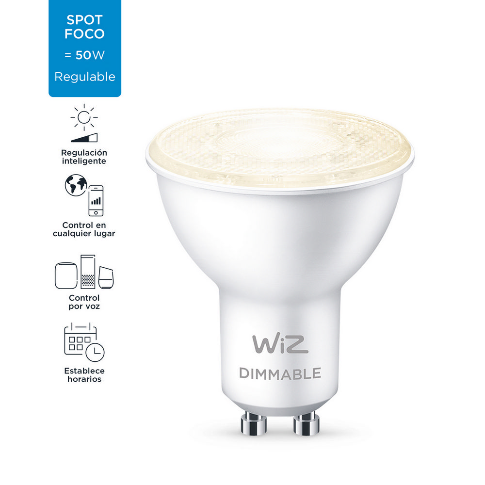 Un foco LED blanco regulable con iconos que muestran opciones de control inteligente. Texto indica 50W.