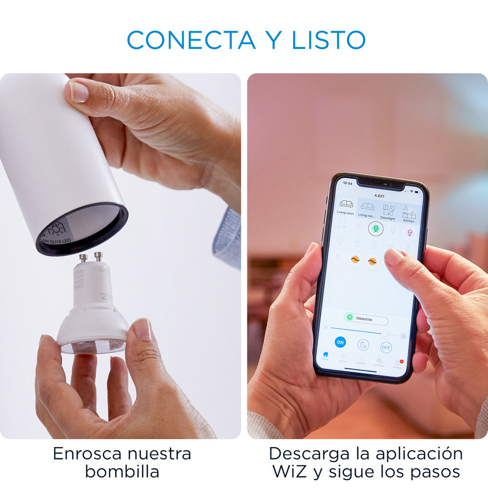 Manos instalando una bombilla y operando una app de teléfono para casa inteligente.