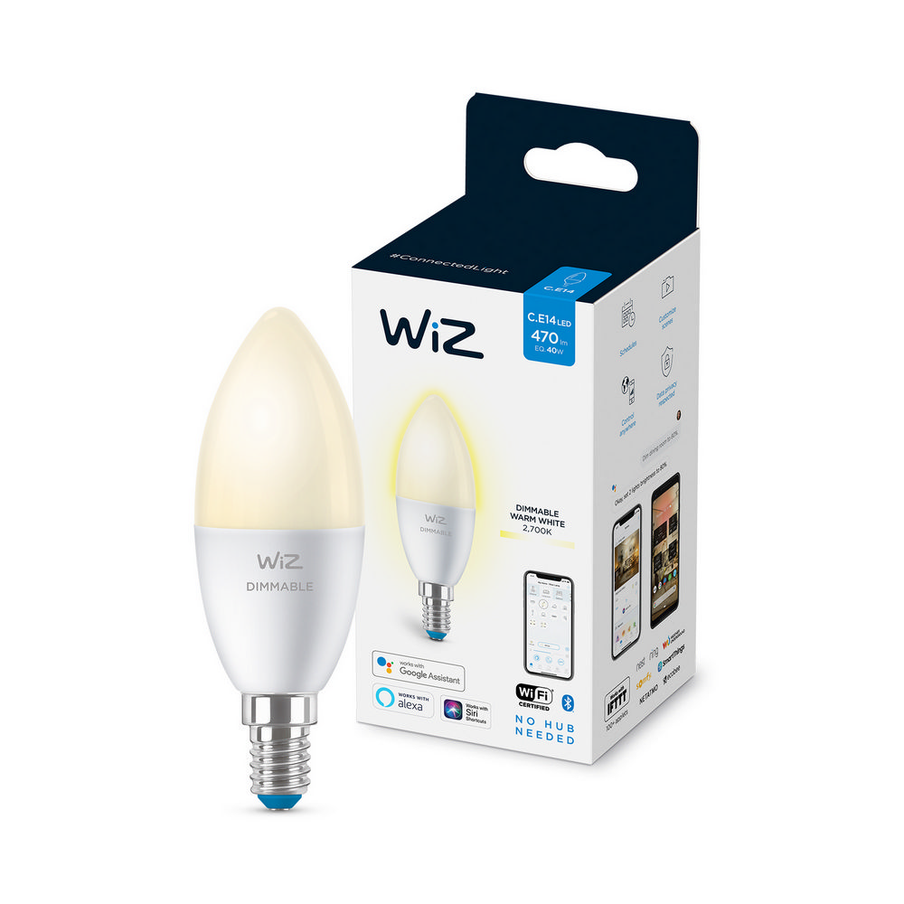 Bombilla Inteligente Wiz vela e14 40w luz blanca regulable wifi y bluetooth control por voz dimmable c37 4.9w c.e14