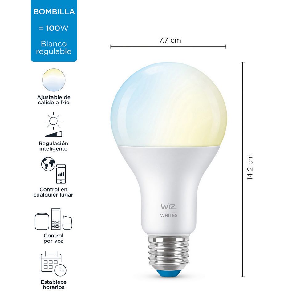 Una bombilla LED blanca y azul con dimensiones e iconos, incluyendo luz ajustable.