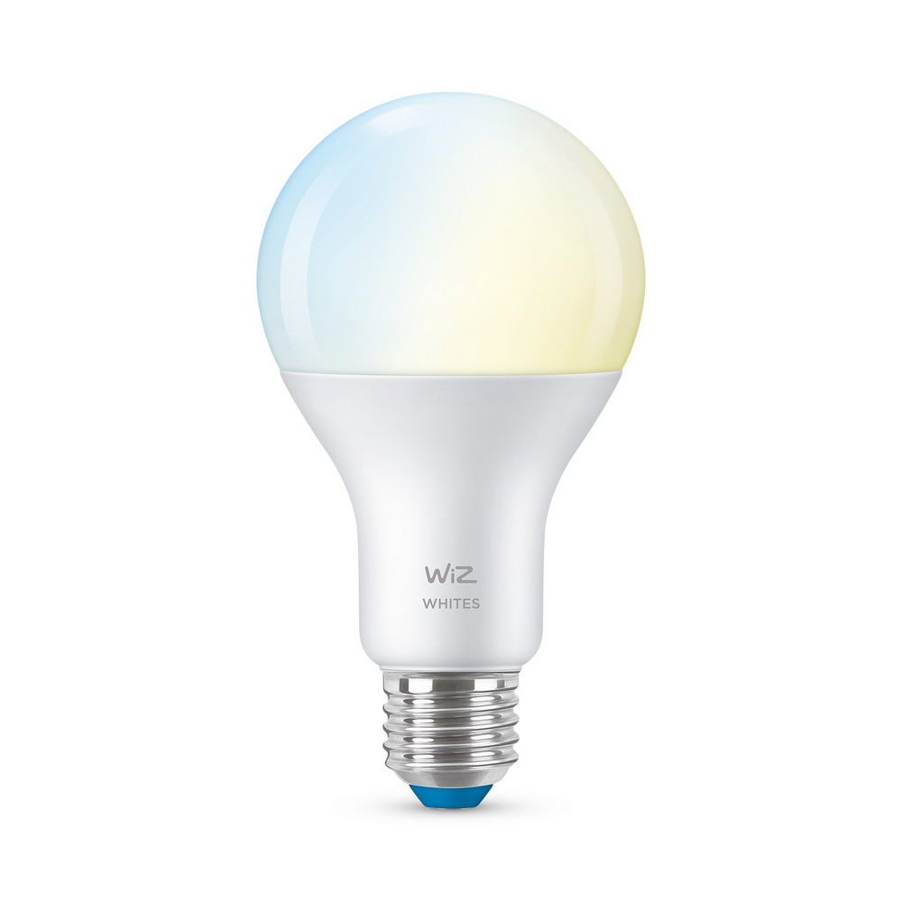 Una bombilla inteligente WiZ blanca con un degradado azul y amarillo en la parte superior.