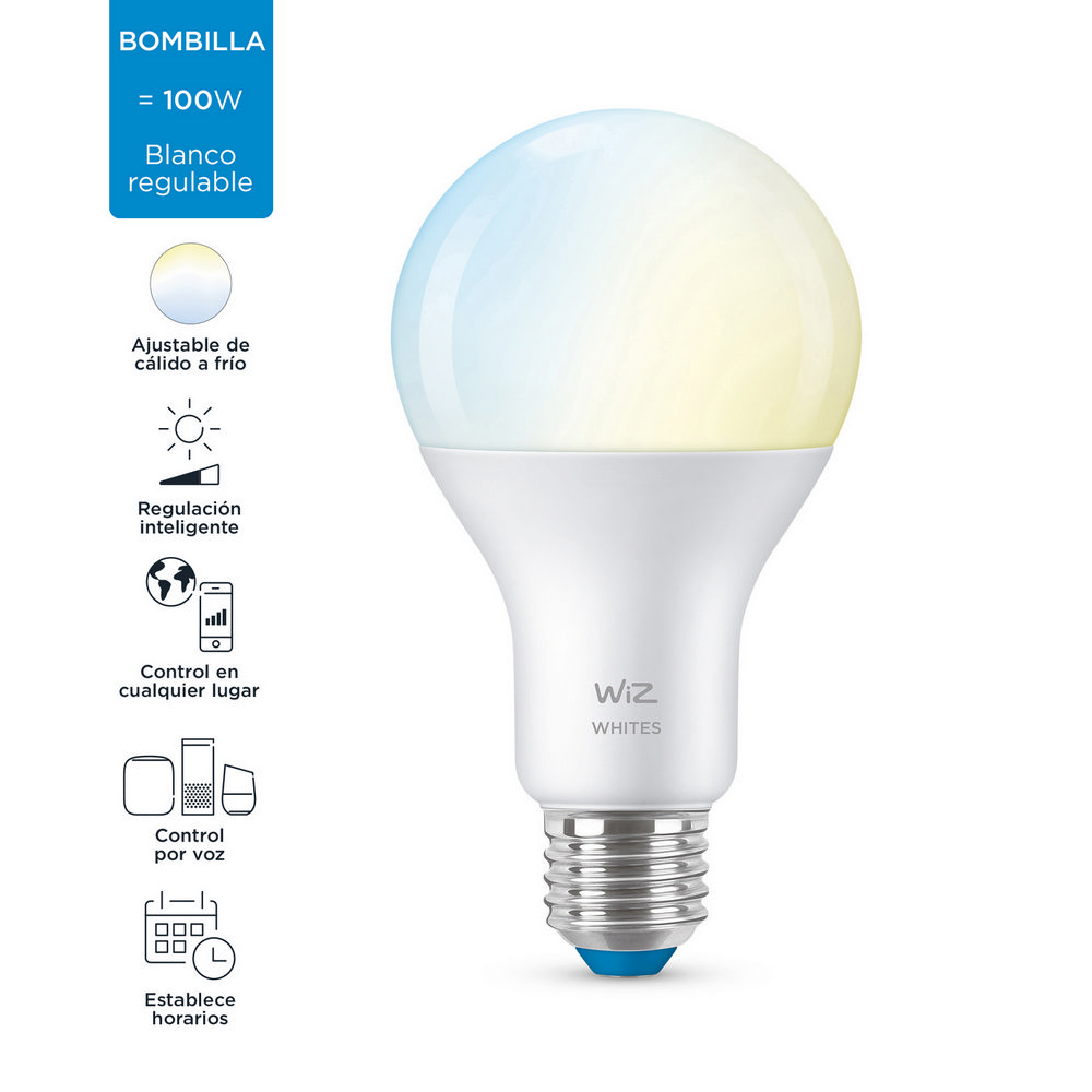 Bombilla inteligente Wiz blanca con base azul. Texto e iconos alrededor.