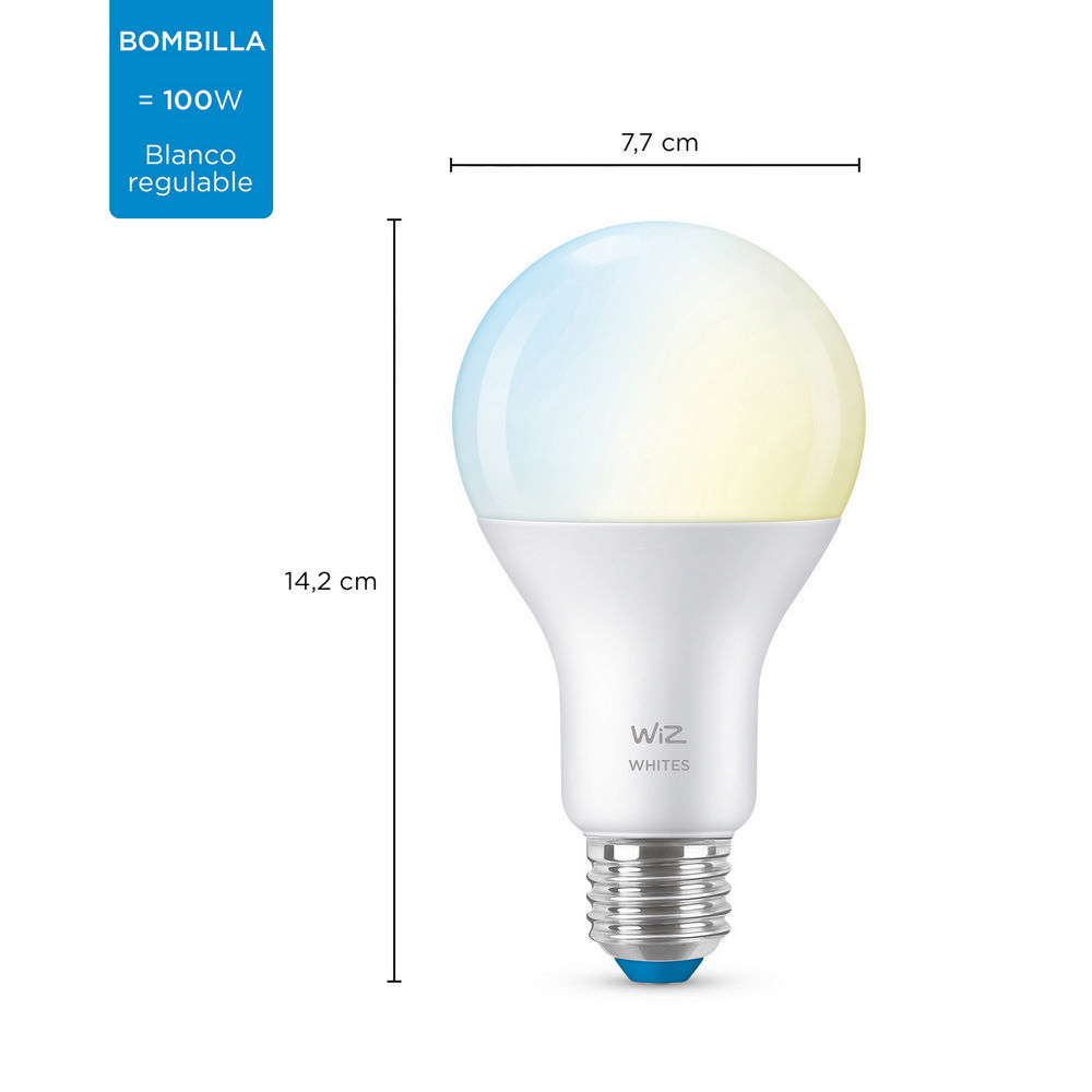 Una bombilla blanca con dimensiones, marcada Wiz, y una base azul. Es una bombilla de 100W.