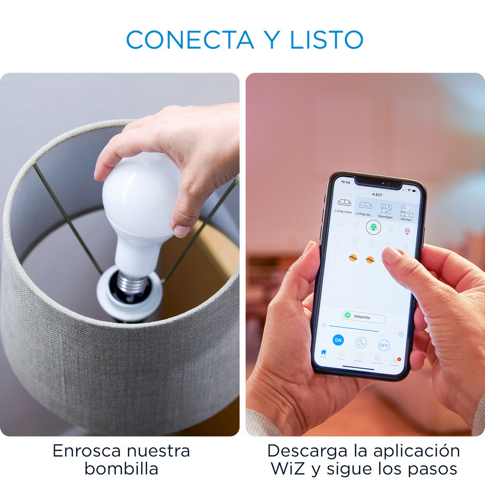 Dos imágenes. Izquierda: bombilla en pantalla. Derecha: smartphone con app WiZ.
