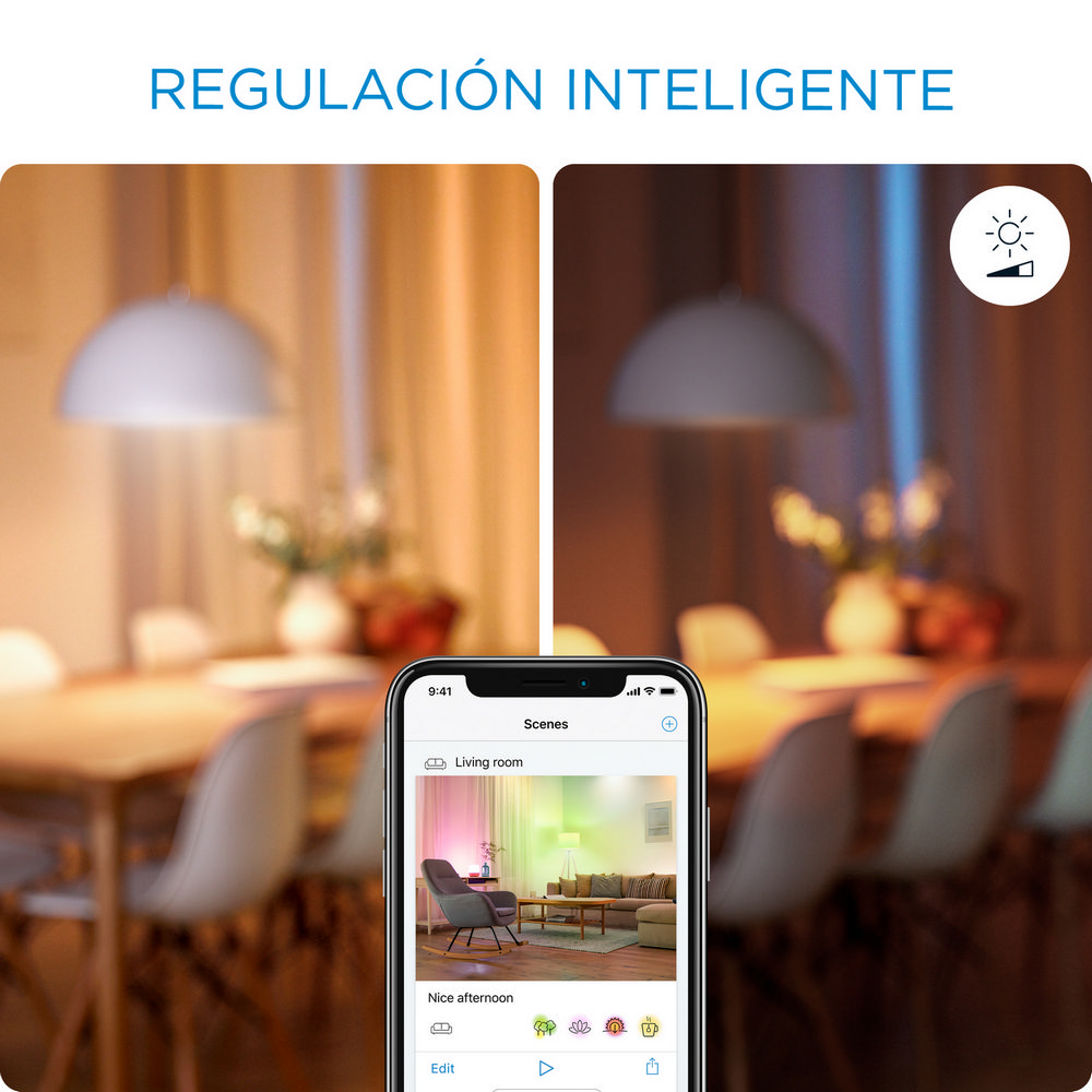 Dos imágenes que muestran iluminación inteligente controlada por un smartphone. Lámparas y muebles blancos visibles.