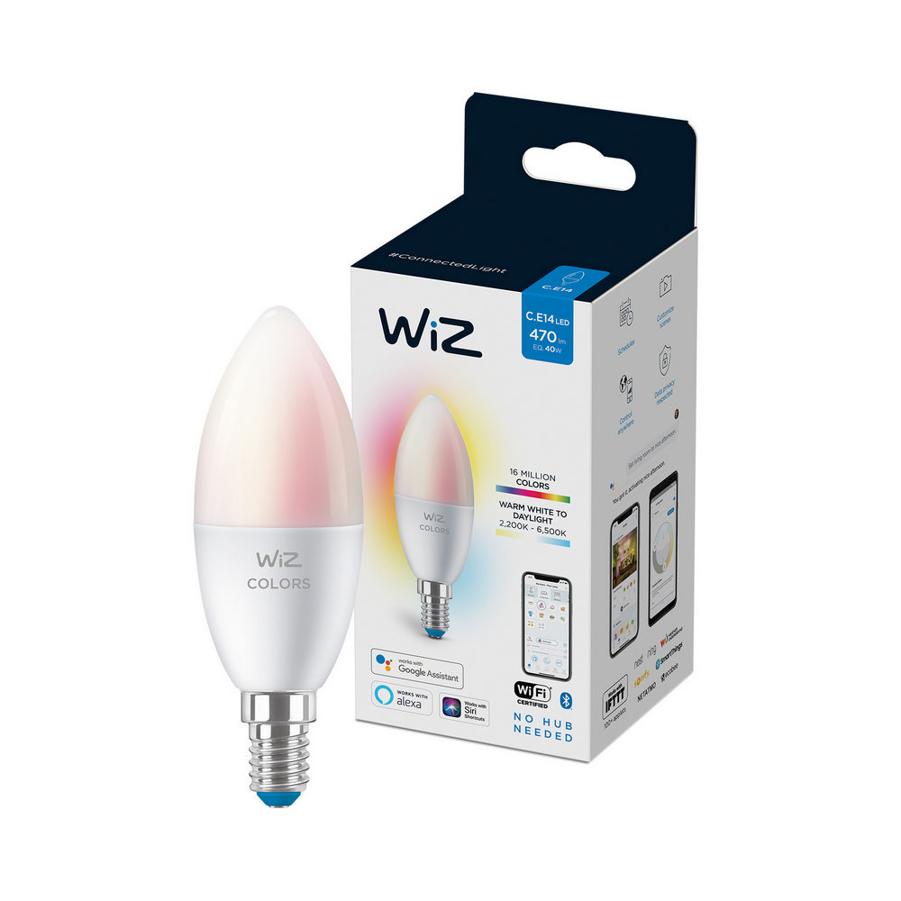 Bombilla inteligente - Wiz Vela 40W E14, Luz blanca y color, WiFi y Bluetooth, Control por voz