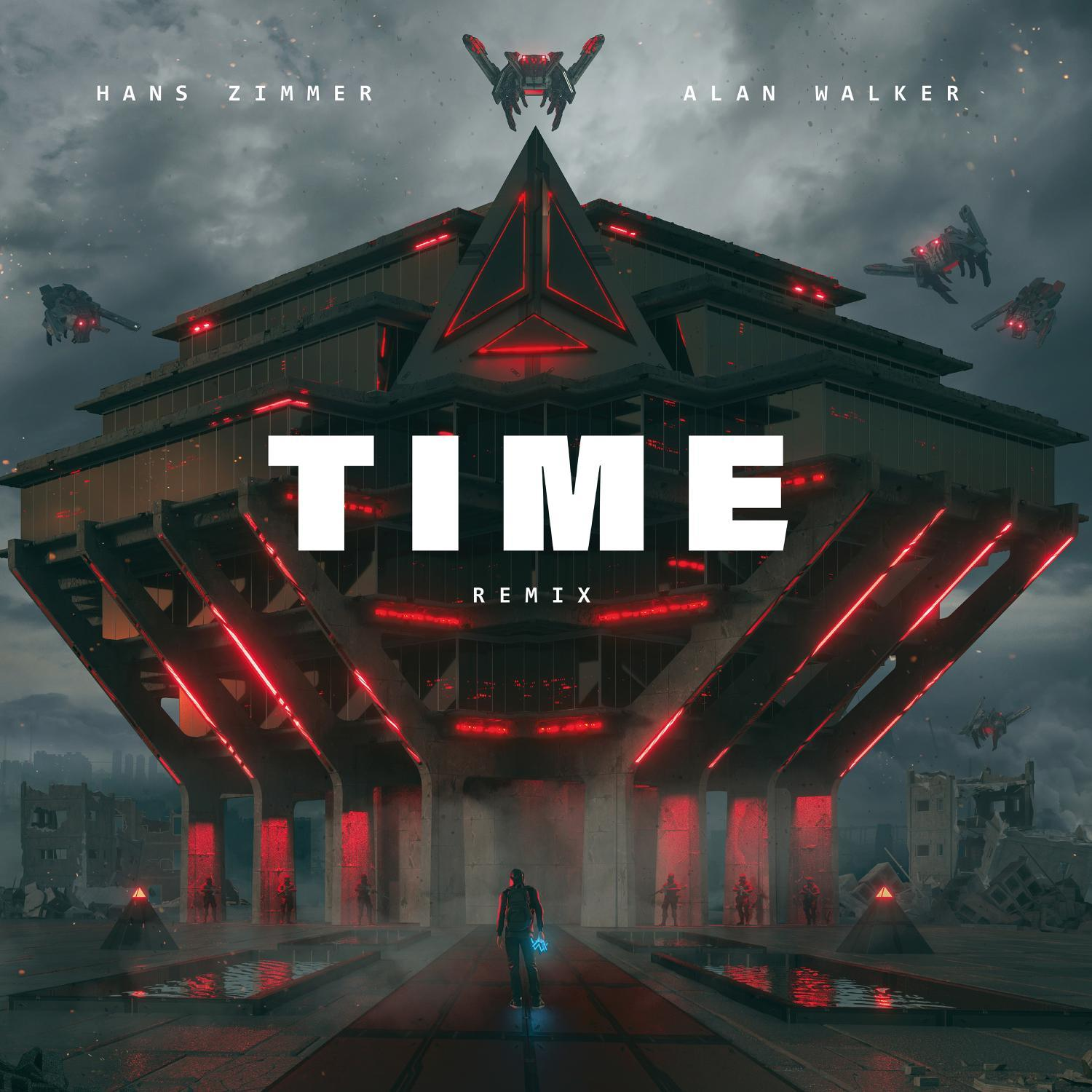 Futurisztikus város, 'TIME' feliratú épülettel, repülő drónokkal.