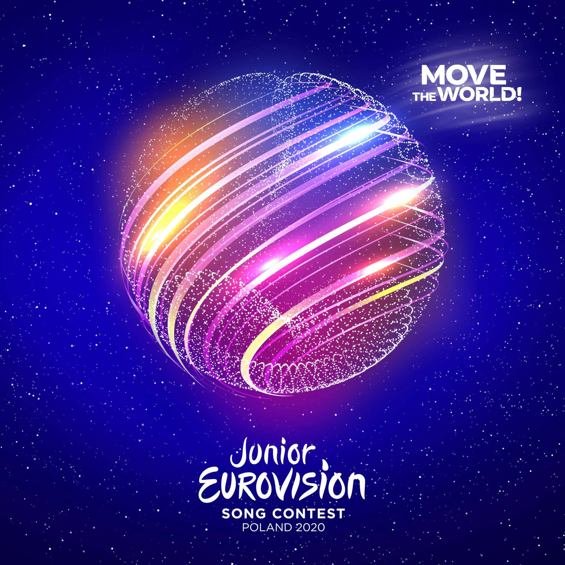 Affiche de l'Eurovision Junior 2020. Une sphère lumineuse avec des lignes colorées, sur fond étoilé bleu foncé.