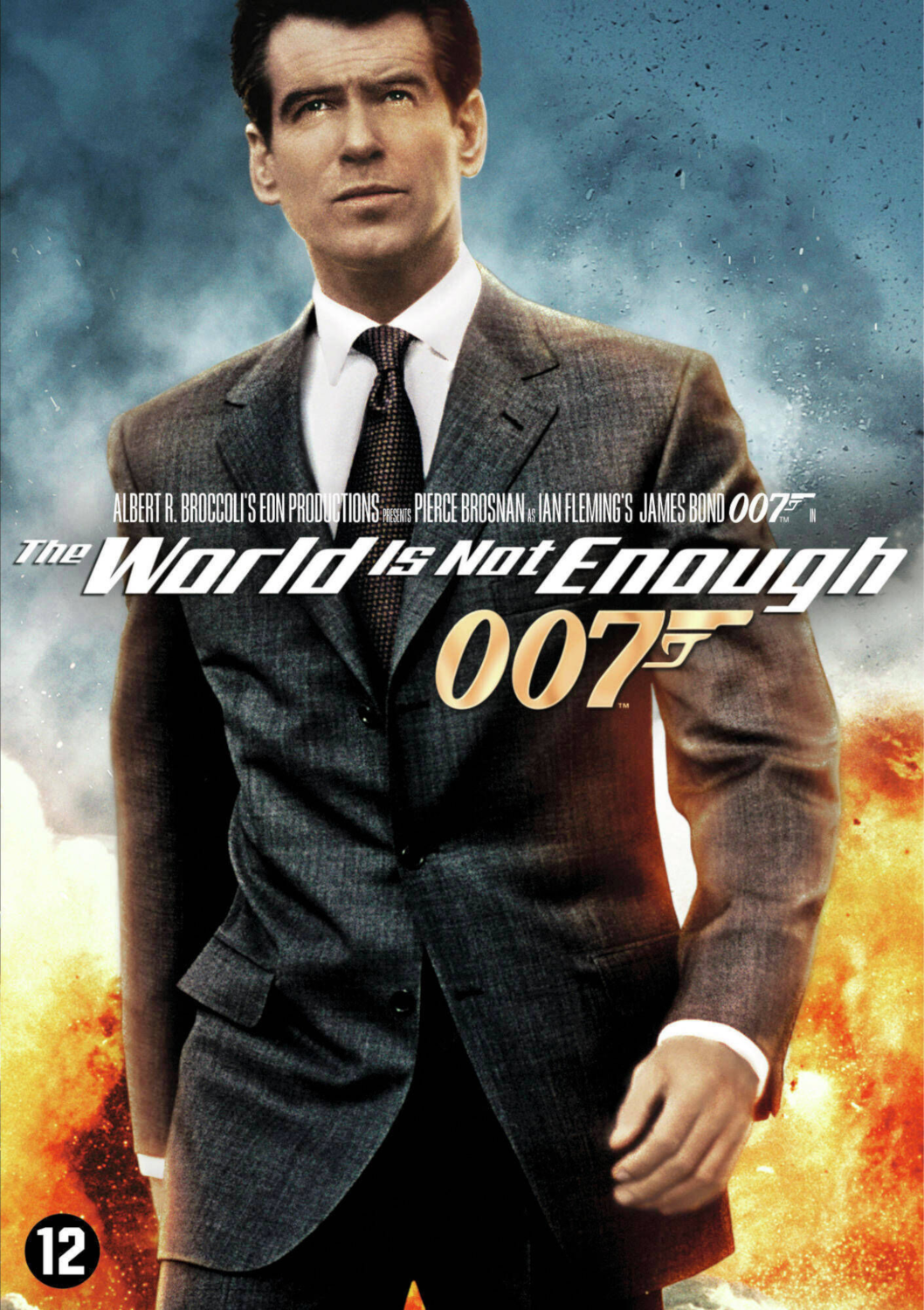 Filmposter. Pierce Brosnan in pak. Tekst: The World Is Not Enough.