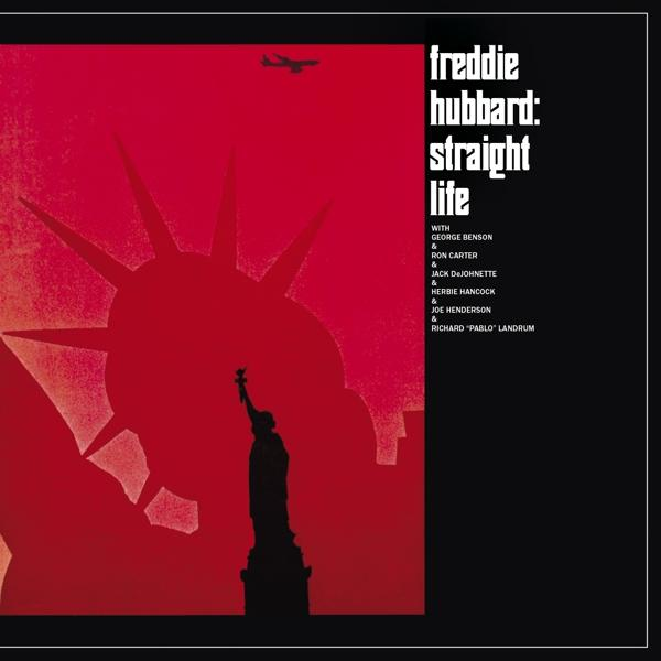 Pochette d'album : Freddie Hubbard - Straight Life. Silhouette de la Statue de la Liberté, fond rouge.