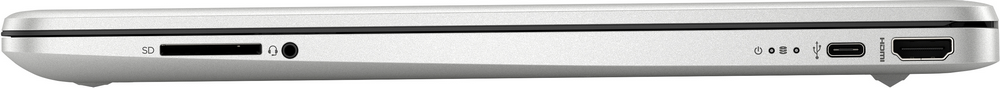 Vista lateral de una laptop plateada que muestra puertos como SD, conector de audio, USB y HDMI.